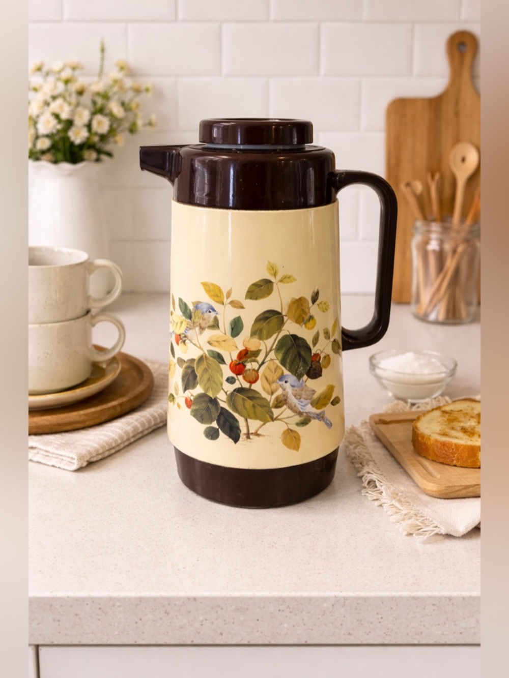 Vintage Elephant Insulated Thermos Carafe Screw Lid Floral Bird Retro Coffee Jug